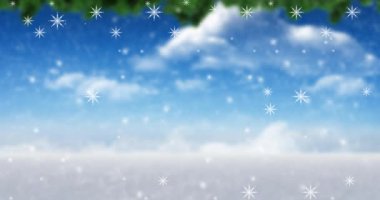 Kış manzarasına yağan karın animasyonu. Noel, gelenek ve kutlama konsepti dijital olarak oluşturuldu.