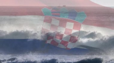 Denizde dalgalanan Hırvat bayrağının animasyonu. seyahat, tatiller, vatanseverlik ve dijital olarak üretilen video konsepti.