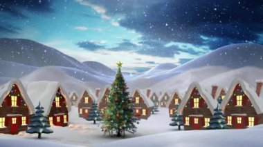 Kış manzarasında evlerin üzerine yağan kar ve Noel ağacı animasyonu. Noel, gelenek ve kutlama konsepti dijital olarak oluşturuldu.