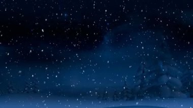 Kış manzarasında köknar ağaçlarının üzerine düşen kar animasyonu. Noel, gelenek ve kutlama konsepti dijital olarak oluşturuldu.