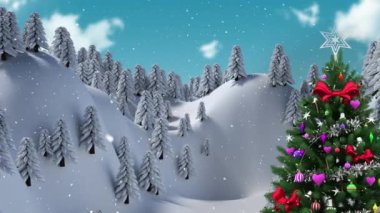 Köknar ağaçları ve kış manzarasının üzerine düşen kar animasyonu. Noel, kış, gelenek ve kutlama konsepti dijital olarak oluşturulmuş video.