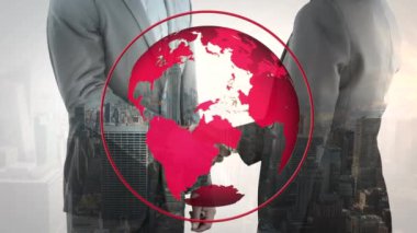 İş adamlarının el sıkışması üzerine dünyanın animasyonu. küresel iş, finans, bağlantılar ve dijital olarak üretilen video konsepti.