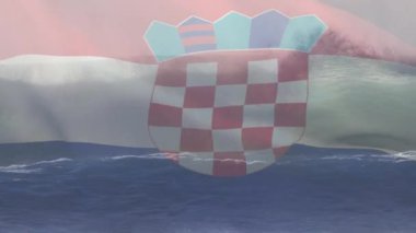 Denizde dalgalanan dalgaların üzerinde dalgalanan Hırvat bayrağının animasyonu. Vatanseverlik, bağımsızlık ve kutlama konsepti dijital olarak oluşturulmuş imaj.