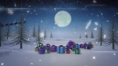 Kış manzarası animasyonu, hediyeler ve kızakta Noel Baba. Noel, kış, gelenek ve kutlama konsepti dijital olarak oluşturulmuş video.