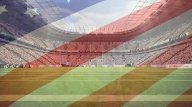 Amerikan bayrağının spor stadyumunda dalgalanması. Amerikan vatanseverliği ve spor konsepti dijital olarak üretilen video.