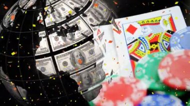 Konfetilerin düşüşünün animasyonu, kumarhane fişleri ve kartlar yerine Amerikan dolarlarıyla dolu bir dünya. Kumar, girişimcilik, kazanma ve kutlama konsepti dijital olarak oluşturulmuş video.