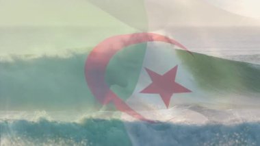Denizde dalgalanan Cezayir bayrağının animasyonu. seyahat, tatiller, vatanseverlik ve dijital olarak üretilen video konsepti.