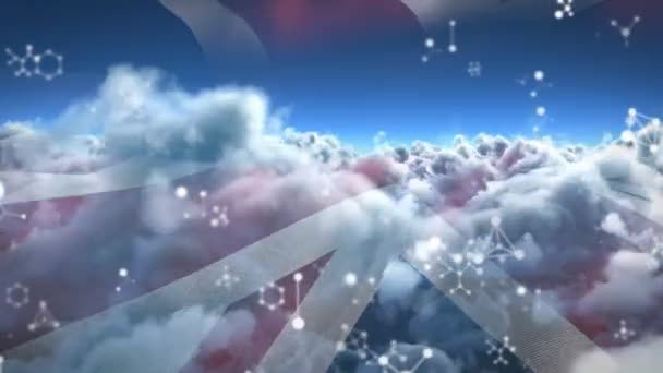 Animasi Molekul Bergerak Atas Bendera Dan Langit Berawan Penelitian Medis — Stok Video