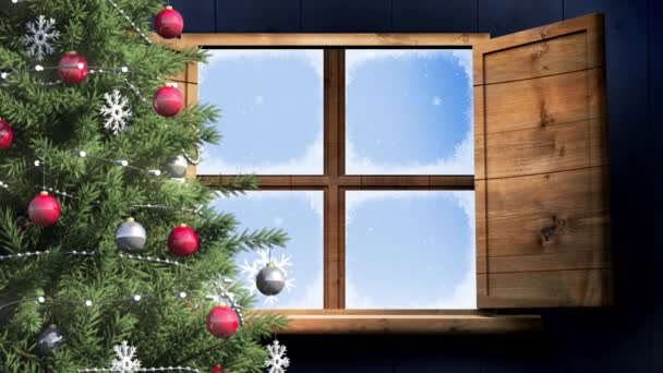 透过窗户可以看到雪花飘落的动画 圣诞节 传统和庆祝概念数字制作的视频 — 图库视频影像