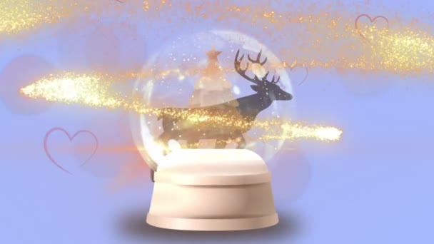 Shooting Stars Christmas Tree Snow Globe Reindeer Running Red Heart — Stock Video