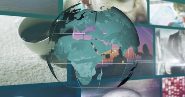 파란색 지구본 화면에서 영상들 회전하는 애니메이션 글로벌 커뮤니케이션 데이터 디지털 — 비디오