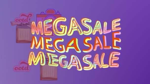 Animatie Van Mega Verkoop Tekst Mode Pictogrammen Paarse Achtergrond Retail — Stockvideo