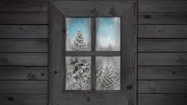 Animation der Fensteransicht von Weihnachtsbaum und Winterlandschaft. Animation von Fensterblick und Weihnachtsdekoration. Weihnachten, Winter, Tradition und Festkonzept digital generiertes Video.