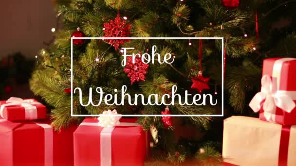 Animation Von Frohen Weihnachtlichen Grußtexten Rahmen Über Christbaumschmuck Und Geschenke — Stockvideo