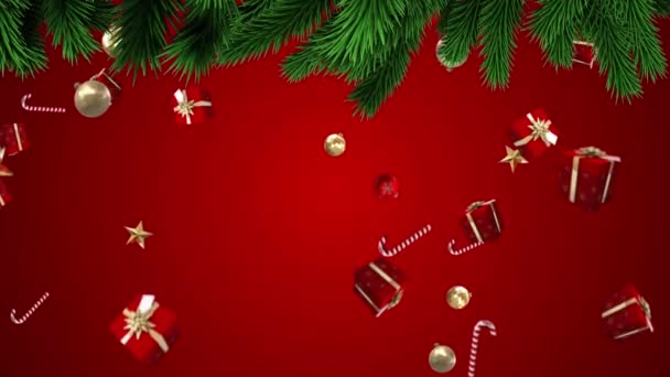 赤い背景にモミの木の枝に落ちる贈り物のアニメーション クリスマス 伝統とお祝いのコンセプトデジタルで生成されたビデオ — ストック動画