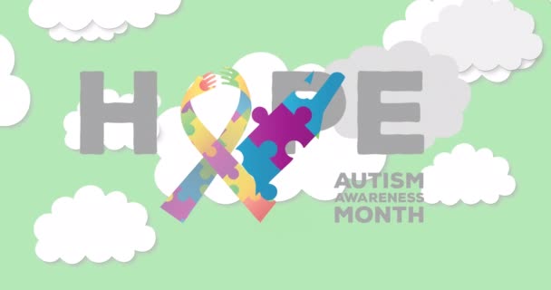 Animation Colourful Puzzle Pieces Forming Hand Hope Autism Awareness Month — Stock Video