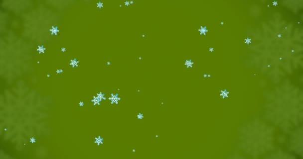 Animatie Van Sneeuwvlokken Die Groene Achtergrond Vallen Kerstmis Traditie Viering — Stockvideo