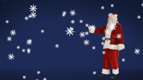 Animación Santa Claus Haciendo Gestos Con Nieve Cayendo Sobre Fondo — Vídeos de Stock