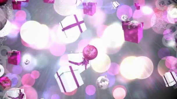 Animatie Van Vallende Sneeuw Kerstcadeautjes Kerstballen Boven Bokeh Kerstmis Traditie — Stockvideo