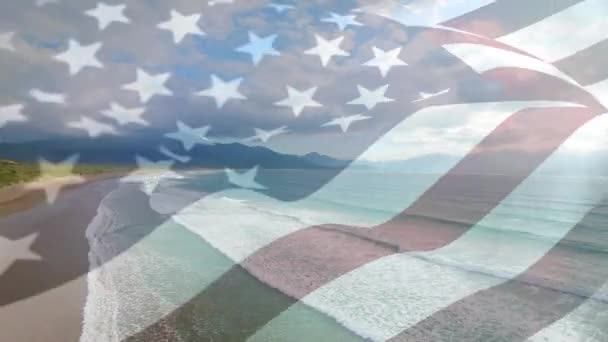 Animación Bandera Los Estados Unidos Que Soplan Sobre Paisaje Marino — Vídeos de Stock