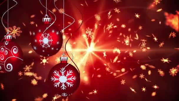 Animace Vánočních Boubles Sníh Padající Zářící Světlo Přes Červené Pozadí — Stock video