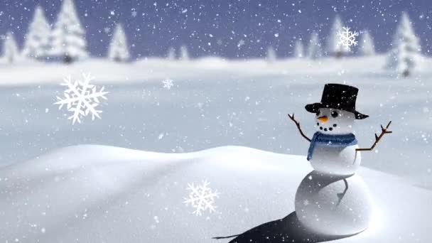 Animation Chutes Neige Sur Bonhomme Neige Souriant Dans Paysage Hivernal — Video