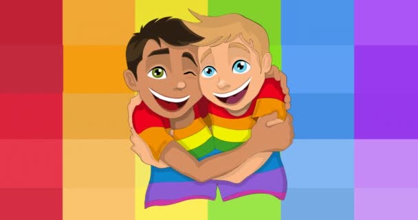 Animation Two Boys Hugging Rainbow Stripes Lgbtq Pride Equality Celebration — Stock Video