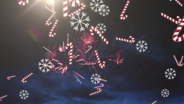 Animace Cukrových Tyčinek Sněhových Vloček Ohňostrojů Tmavém Pozadí Vánoční Tradiční — Stock video