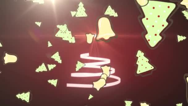 Animatie Van Kerstboom Gevormd Met Witte Lint Klokken Vallen Kerstmis — Stockvideo