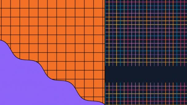 Animación Rejillas Negras Multicolores Con Forma Púrpura Sobre Fondos Naranjas — Vídeo de stock