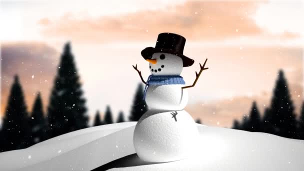 Animación Nieve Cayendo Sobre Muñeco Nieve Sonriente Paisaje Invierno Navidad — Vídeos de Stock