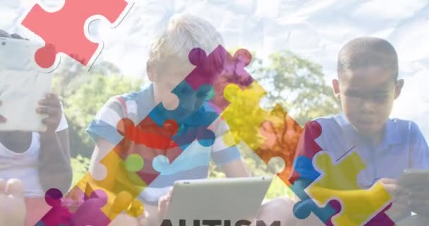 Animation Pièces Puzzle Colorées Texte Sur Autisme Des Enfants Amis — Video