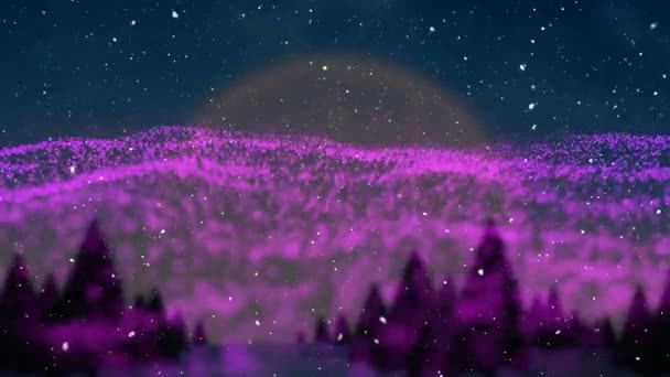 Animación Nieve Cayendo Sobre Malla Púrpura Brillante Ondeando Con Luna — Vídeo de stock