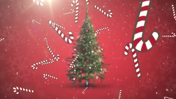 赤い背景のクリスマスツリーの上に雪の落下やキャンディーの杖のアニメーション クリスマス 伝統とお祝いのコンセプトデジタルで生成されたビデオ — ストック動画
