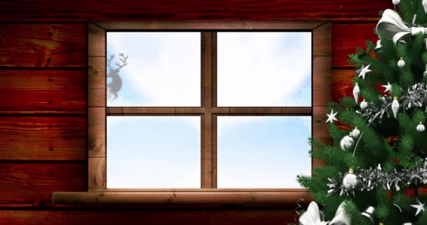 Animación Santa Claus Trineo Con Renos Vistos Través Ventana Árbol — Vídeo de stock