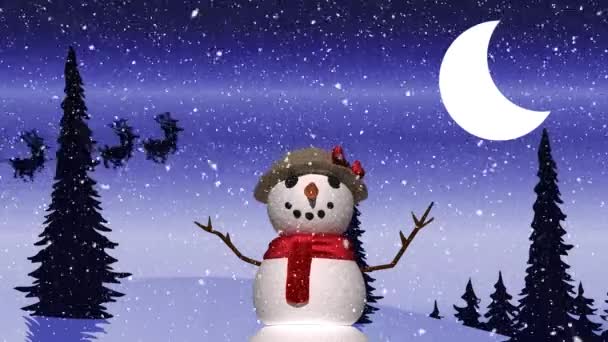 Kış Manzarası Boyunca Kızakta Ren Geyikleriyle Kardan Adam Noel Baba — Stok video