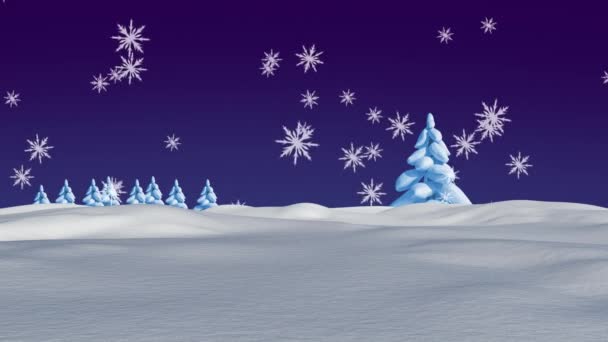多棵树木在冬季的景色中 抵御着雪花落在蓝色背景上的情况 圣诞节的庆祝和庆祝概念 — 图库视频影像