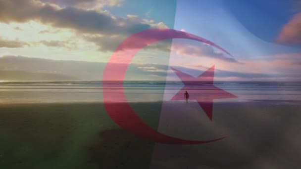 Анимация Флага Алжира Дующего Над Морским Пейзажем Путешествия Праздники Патриотизм — стоковое видео