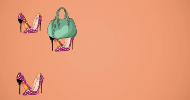 Анімація Взуття Сумок Рожевому Тлі Концепція Моди Аксесуарів Фонового Візерунка — стокове відео