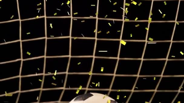 Animatie Van Gouden Confetti Vallen Voetbal Sportschoenen Wereldwijd Sport Feestconcept — Stockvideo