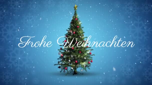 Frohe Weihnachten Szöveg Esik Ellen Hópelyhek Kék Háttérrel Karácsonyi Ünnepség — Stock videók