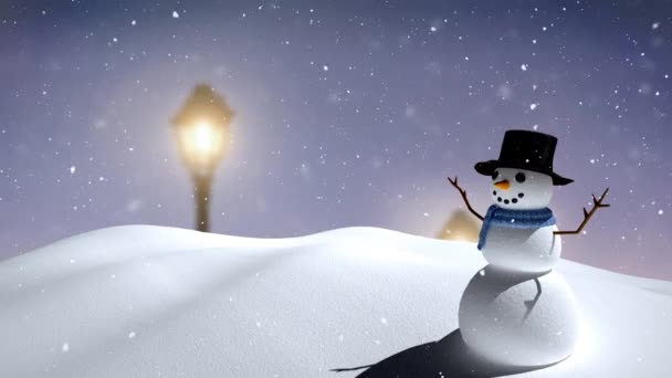 Animace sněhu padajícího na usměvavého sněhuláka v zimní krajině. vánoční, zimní, tradiční a slavnostní koncept digitálně generovaného videa.
