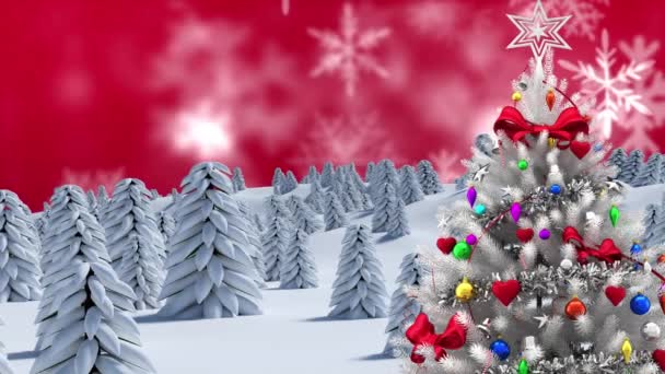 Animación Árbol Navidad Nieve Cayendo Paisaje Invierno Sobre Fondo Rojo — Vídeo de stock