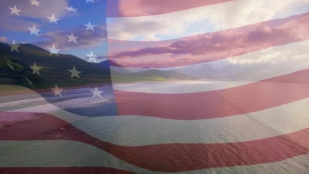 Animación Bandera Los Estados Unidos Que Soplan Sobre Paisaje Marino — Vídeos de Stock