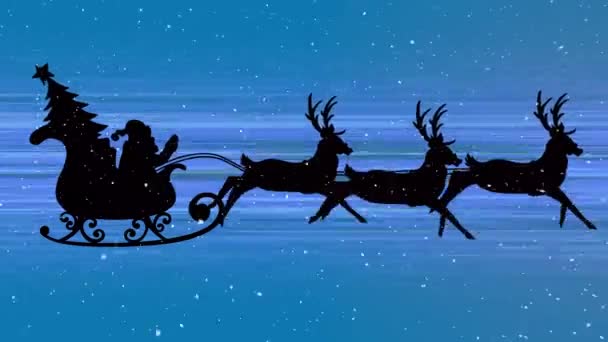 トナカイや青い背景のライトトレイルに引っ張られて そりでサンタクラスの上に降る雪 クリスマス フェスティバルとお祝いのコンセプト — ストック動画