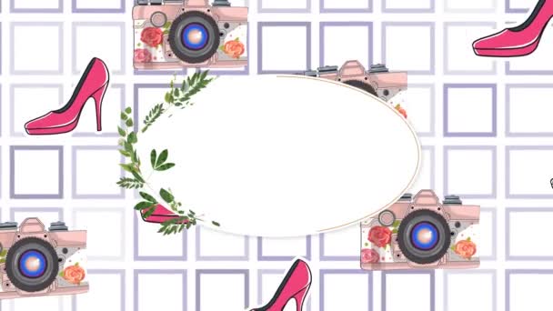 Animación Zapatos Iconos Cámaras Sobre Fondo Blanco Moda Accesorios Fondo — Vídeo de stock