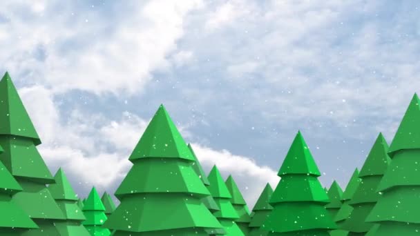 モミの木や冬の風景の上に降る雪のアニメーション クリスマス 伝統とお祝いのコンセプトデジタルで生成されたビデオ — ストック動画