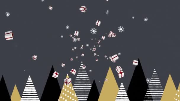 Анимация Падающих Подарков Над Рождественскими Деревьями Сером Фоне Рождество Зима — стоковое видео