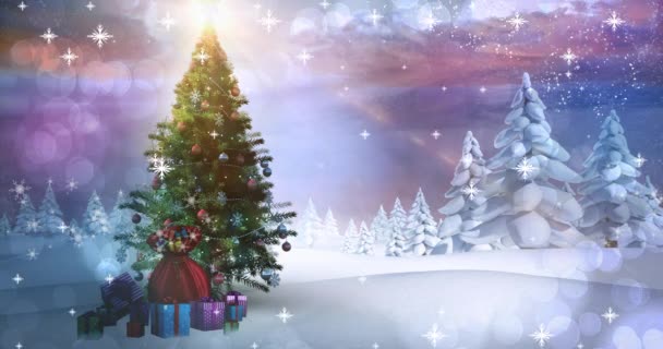 クリスマスツリーと冬の風景の上に降る雪のアニメーション クリスマス お祝いのコンセプトをデジタルで — ストック動画