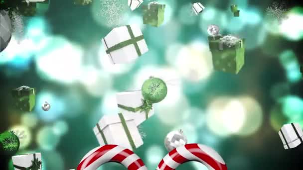 Animación Bastones Caramelo Boubles Navidad Regalos Nieve Cayendo Sobre Fondo — Vídeo de stock